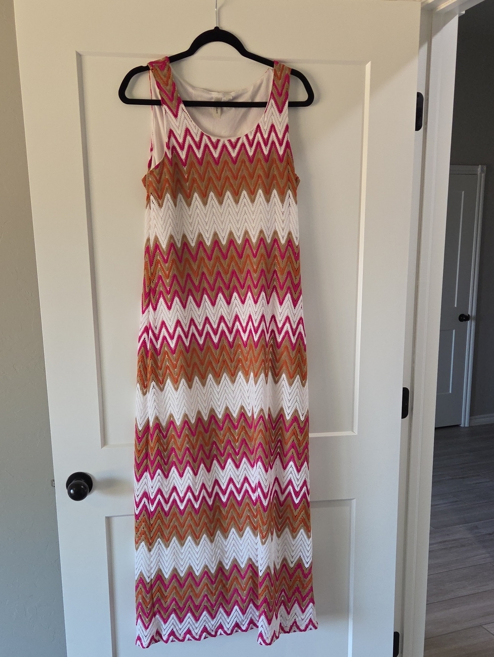 Tacera Pink, White & Tan Zigzag Maxi Dress